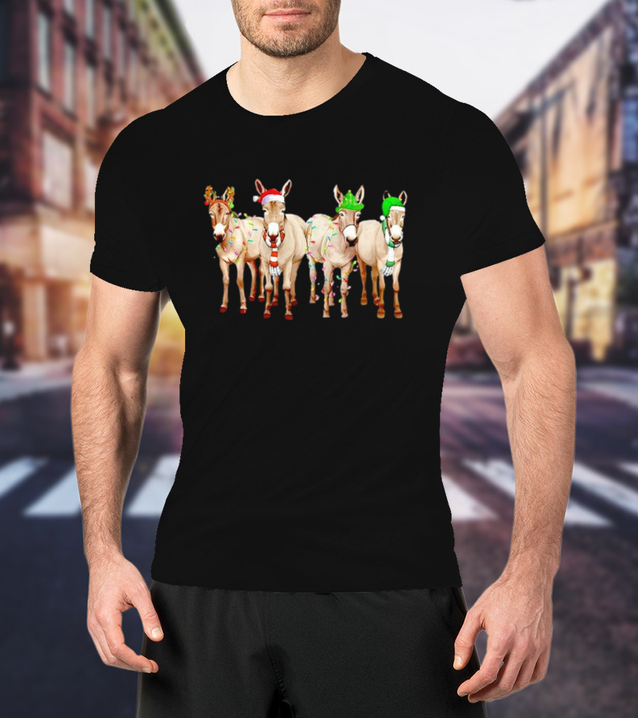 Merry Christmas Donkey Festive Holiday Lights With Reindeer Antlers And Santa Hats T-Shirt