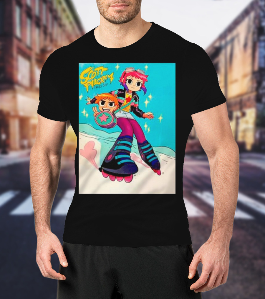Scott Pilgrim Takes Off Roller Skating Adventure With Animated Style Characters T-Shirt