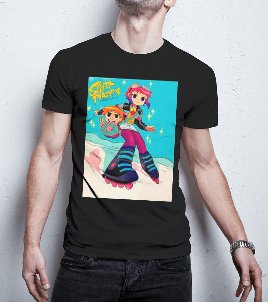 Scott Pilgrim Takes Off Roller Skating Adventure With Animated Style Characters T-Shirt