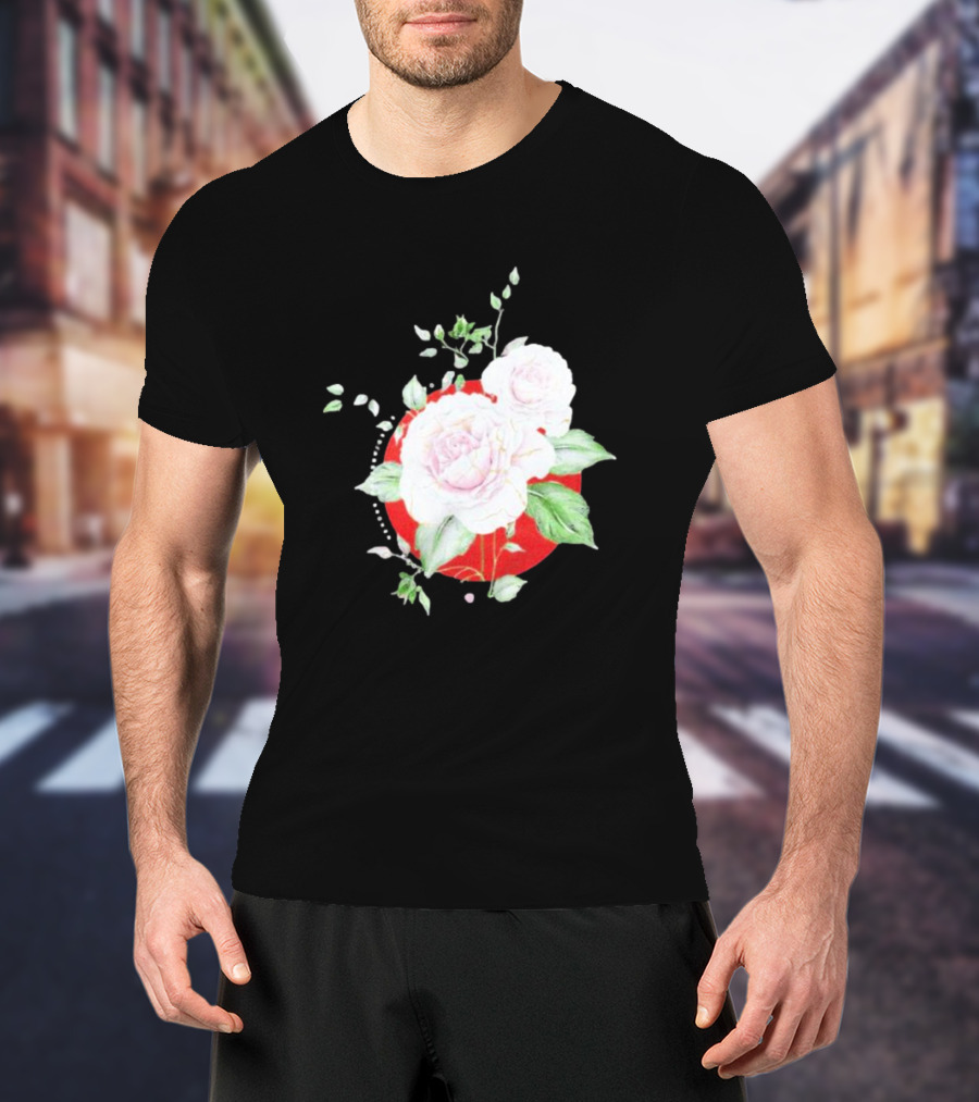5Yr Kintsugi Rose Floral Design On Red Circle Background T-Shirt