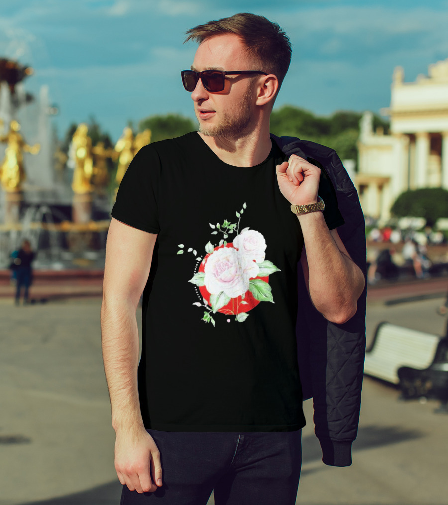 5Yr Kintsugi Rose Floral Design On Red Circle Background T-Shirt