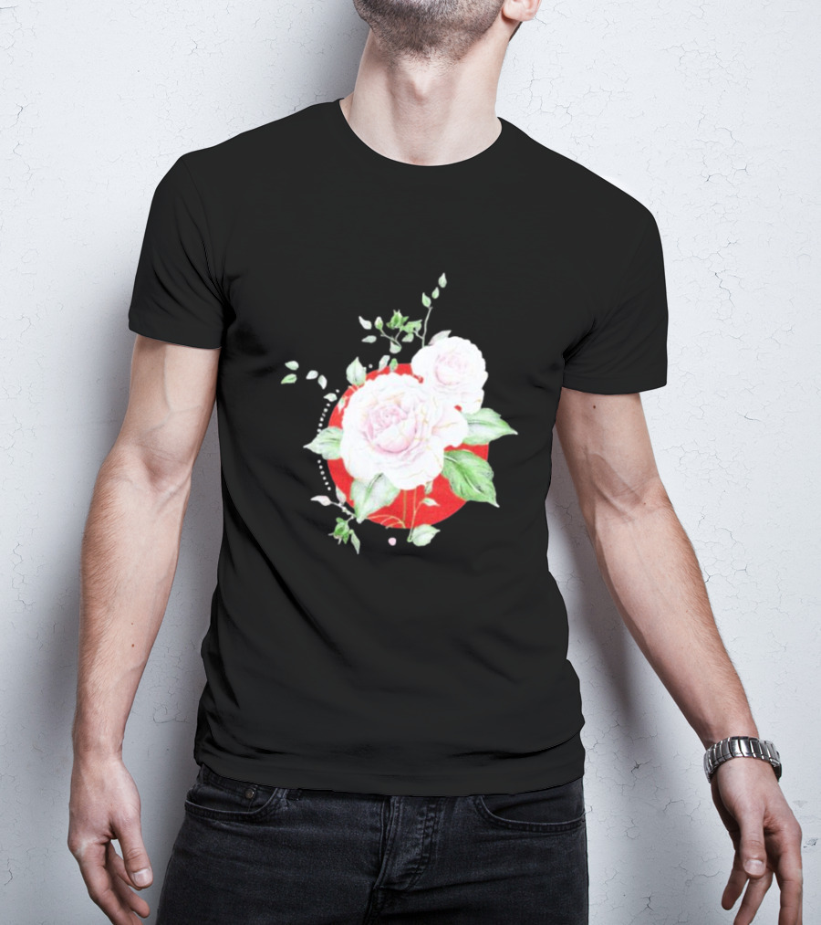 5Yr Kintsugi Rose Floral Design On Red Circle Background T-Shirt