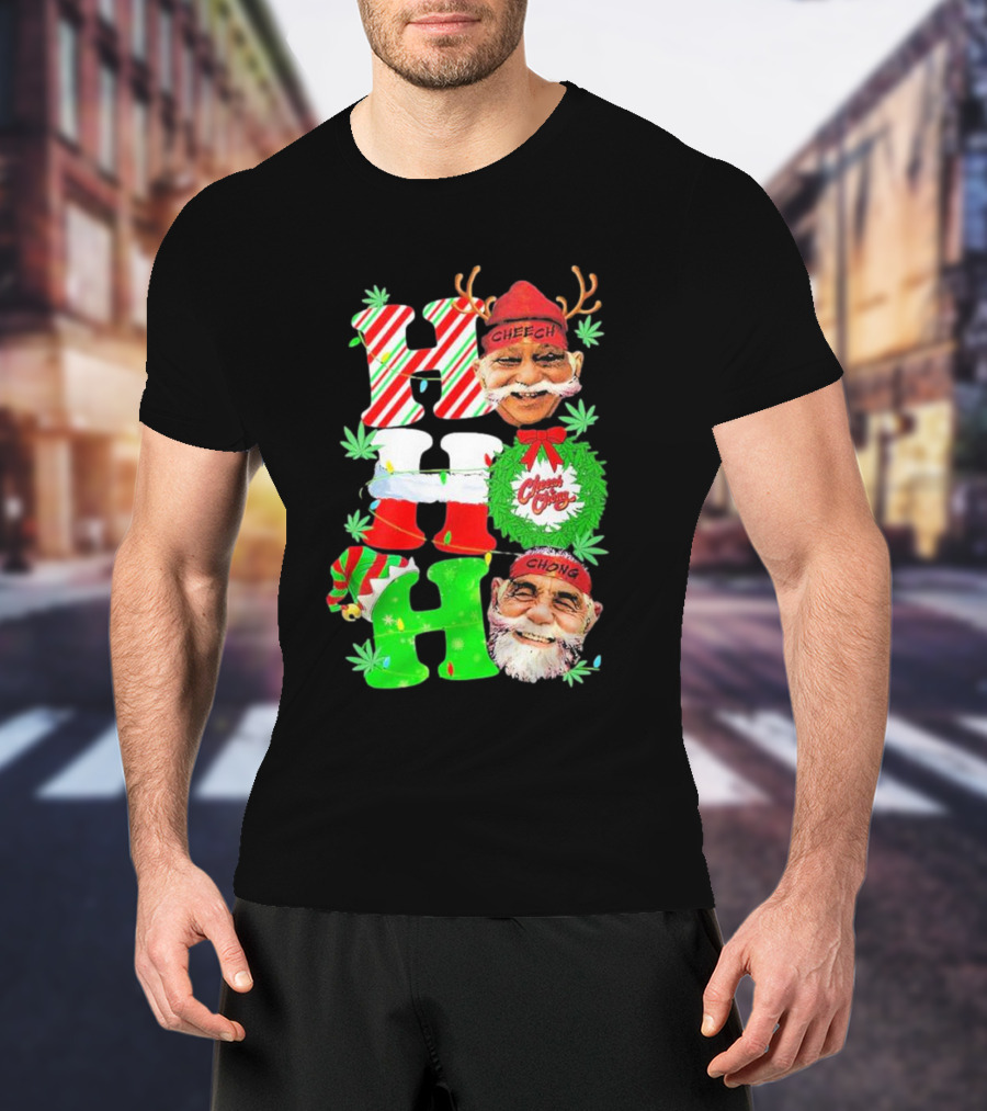 Cheech And Chong Xmas 2024 Hohoho Holiday Cannabis Santa Reindeer Christmas Wreath Elf T-Shirt