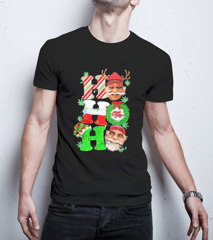 Cheech And Chong Xmas 2024 Hohoho Holiday Cannabis Santa Reindeer Christmas Wreath Elf T-Shirt