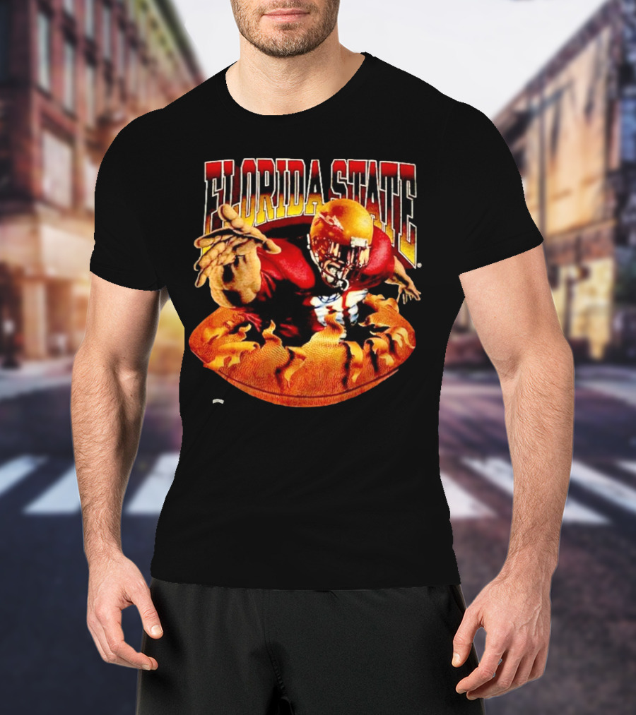 Florida State Seminoles FSU Football Player Emerging From Flames Two Sided Nutmeg T-Shirt