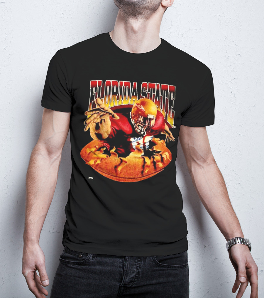 Florida State Seminoles FSU Football Player Emerging From Flames Two Sided Nutmeg T-Shirt