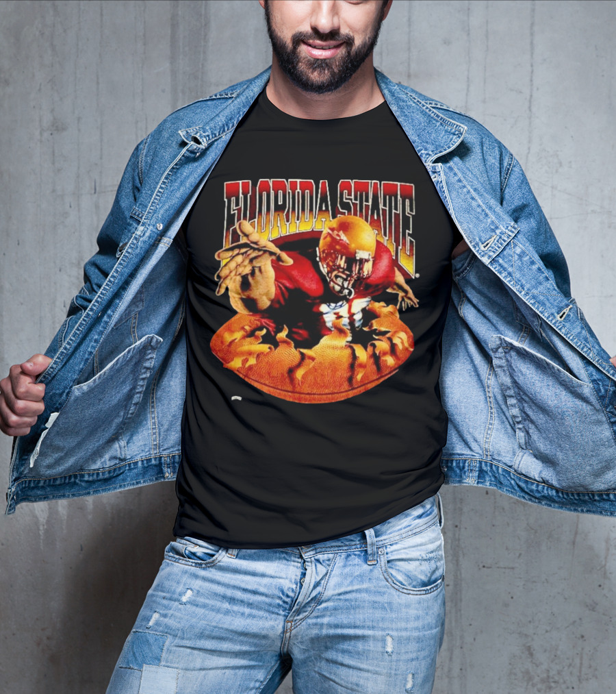 Florida State Seminoles FSU Football Player Emerging From Flames Two Sided Nutmeg T-Shirt
