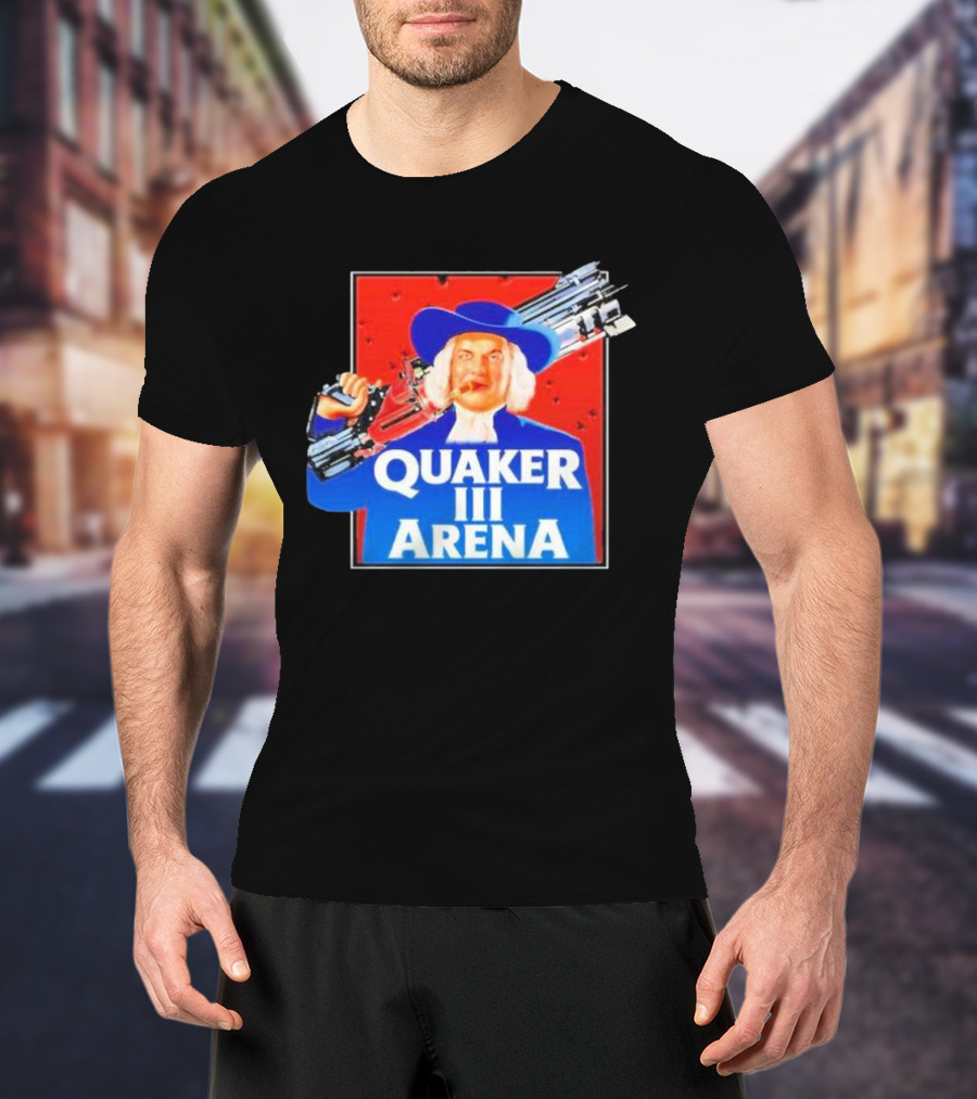 Quaker III Arena Parody Poster With Character In Blue Hat And Railgun T-Shirt