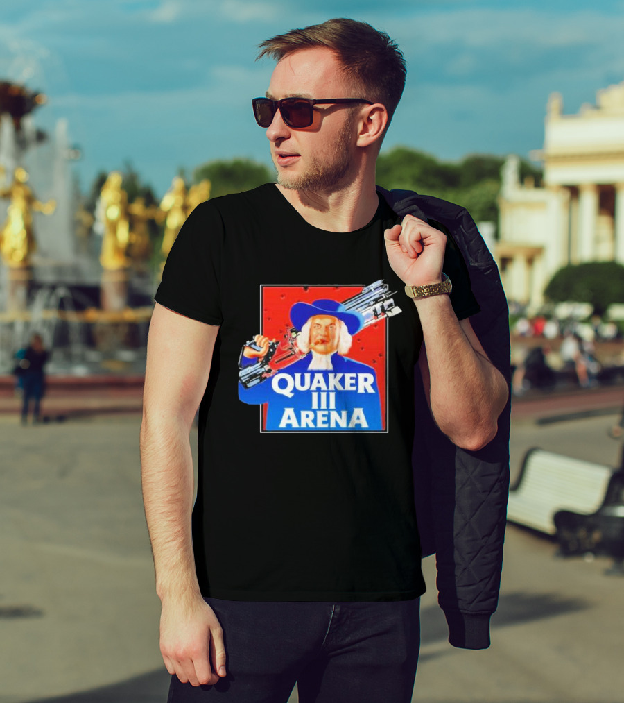 Quaker III Arena Parody Poster With Character In Blue Hat And Railgun T-Shirt