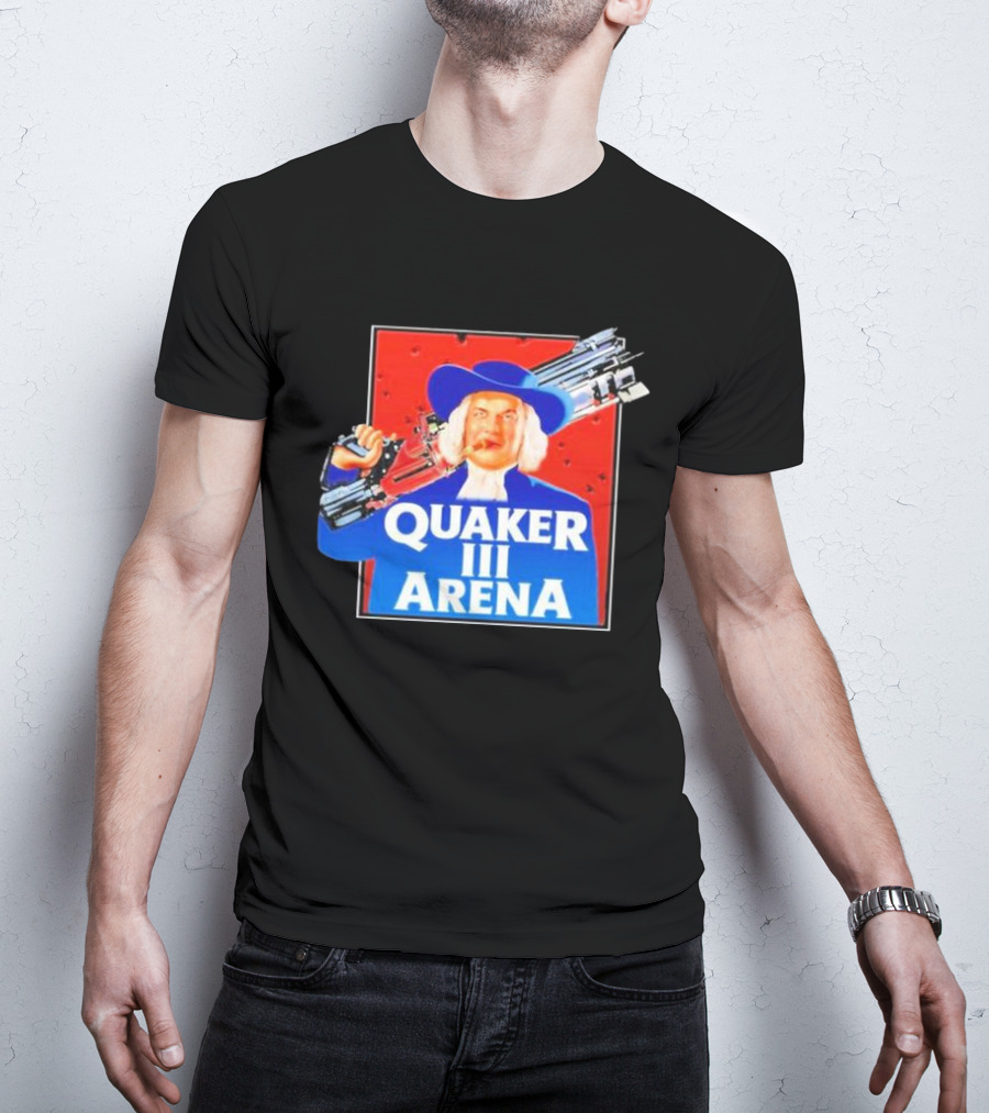 Quaker III Arena Parody Poster With Character In Blue Hat And Railgun T-Shirt
