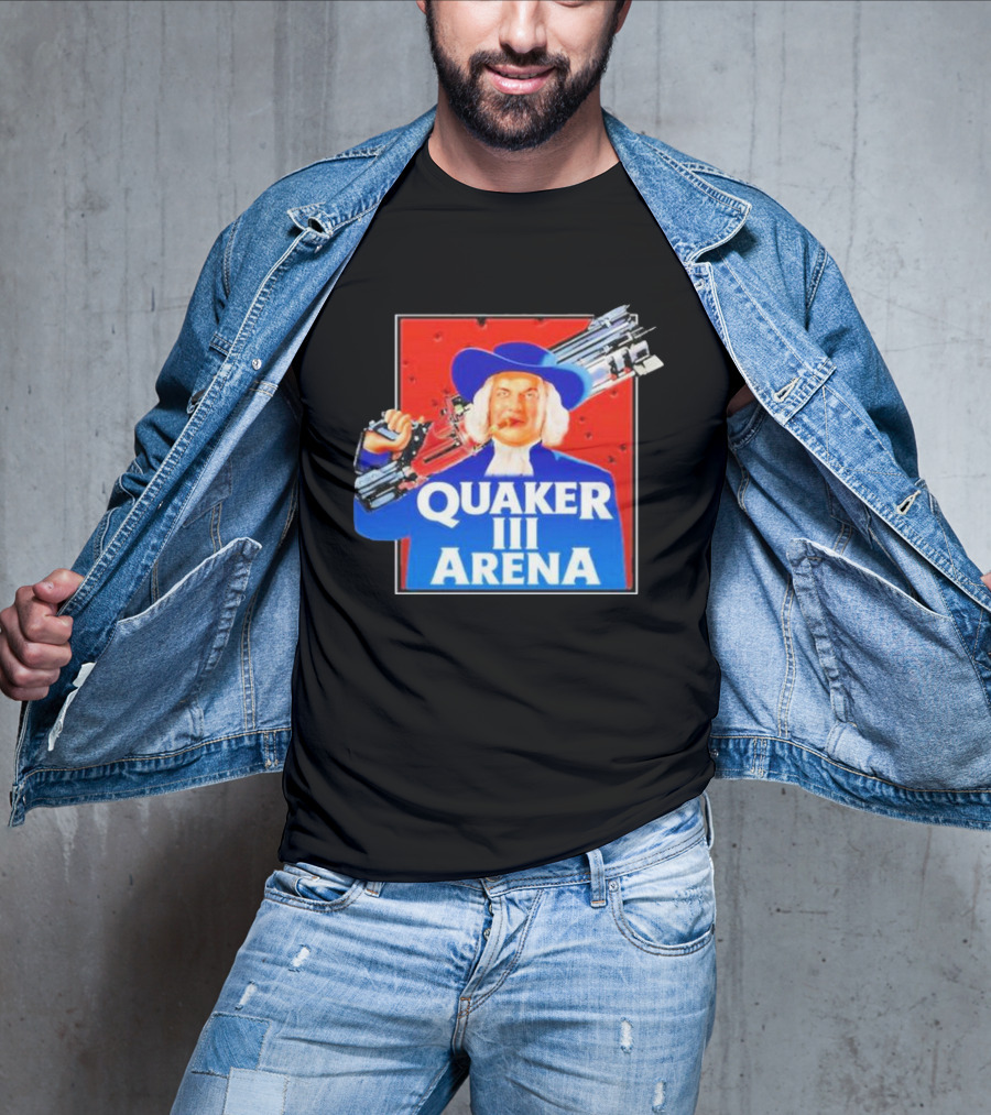 Quaker III Arena Parody Poster With Character In Blue Hat And Railgun T-Shirt