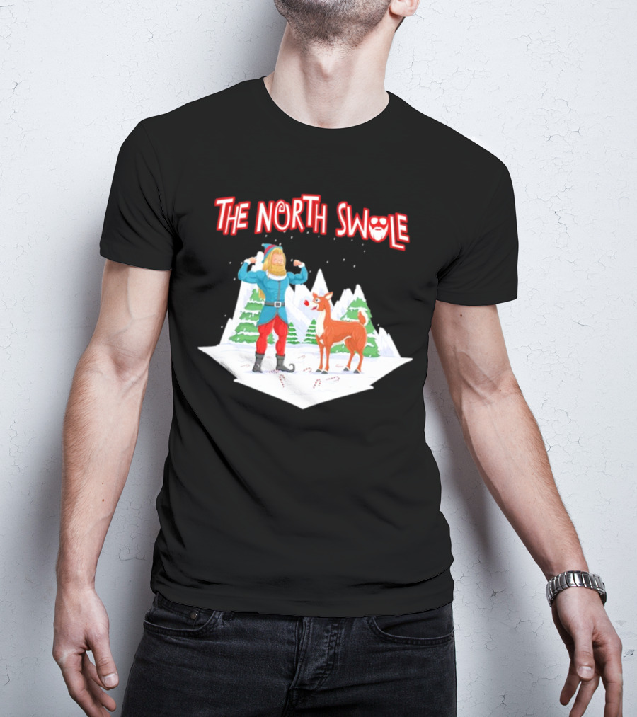 Papa Swolio Elf With Reindeer In The North Swole Winter Scene T-Shirt