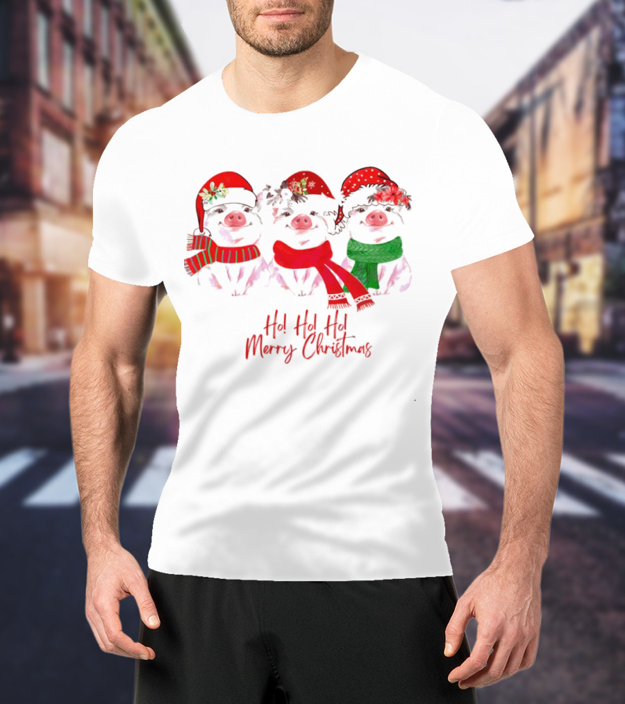 Ho Ho Ho Merry Christmas Pig Trio Santa Hat T-Shirt