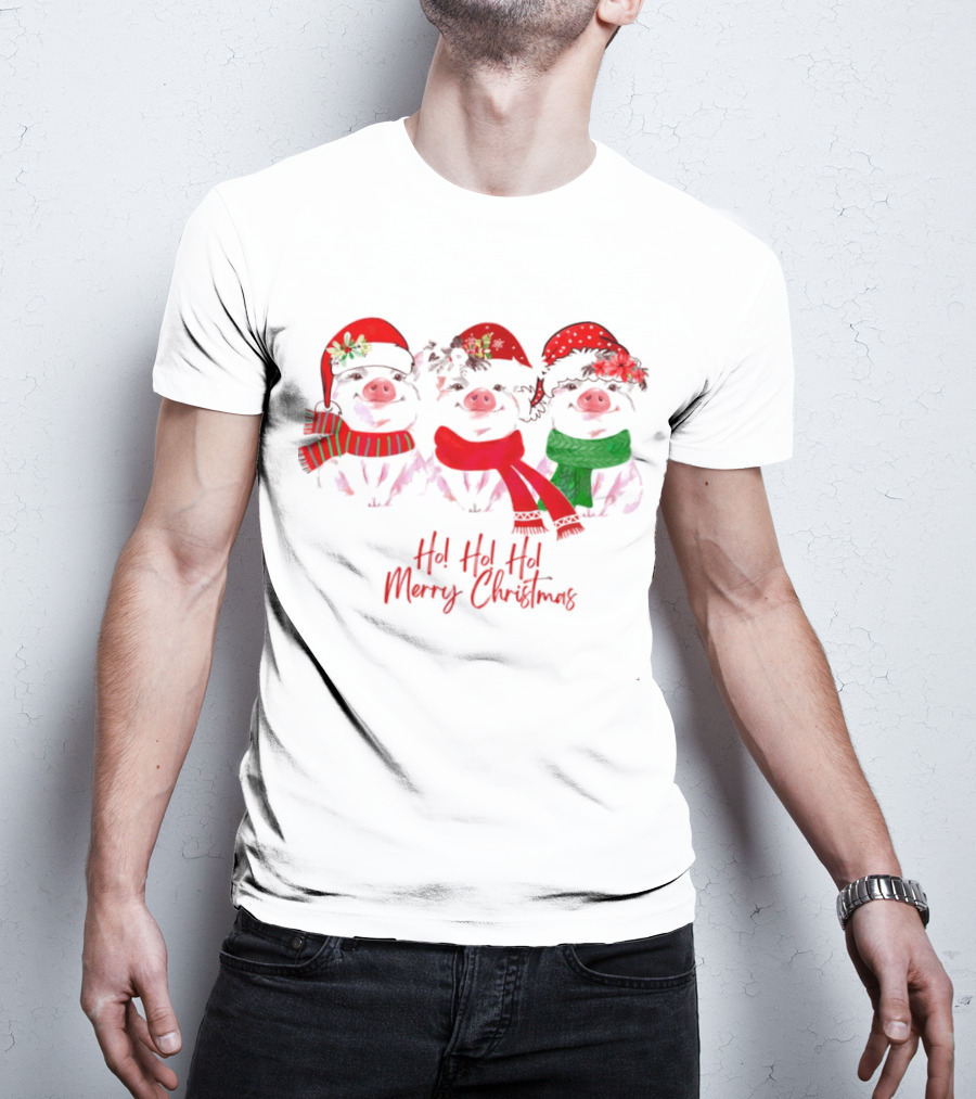 Ho Ho Ho Merry Christmas Pig Trio Santa Hat T-Shirt