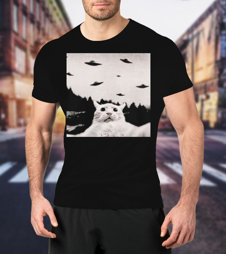 Cat Taking A Selfie UFOs Black And White Forest Background T-Shirt