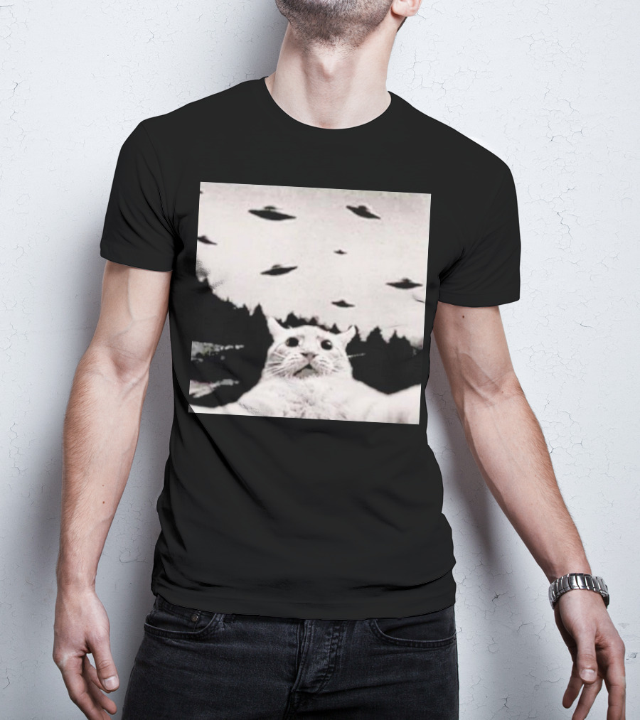 Cat Taking A Selfie UFOs Black And White Forest Background T-Shirt