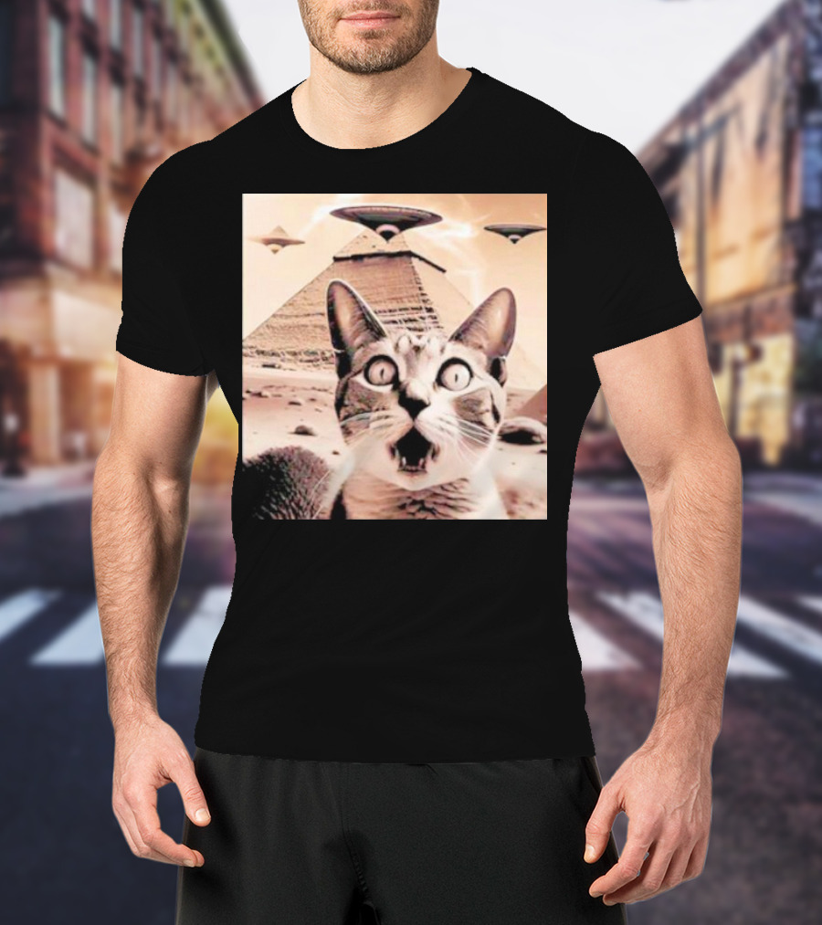 Funny Cat UFO Encounter At Egypt Pyramids T-Shirt