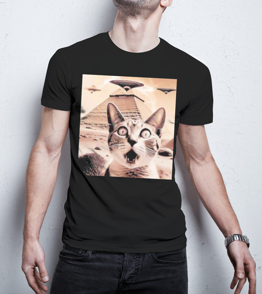 Funny Cat UFO Encounter At Egypt Pyramids T-Shirt