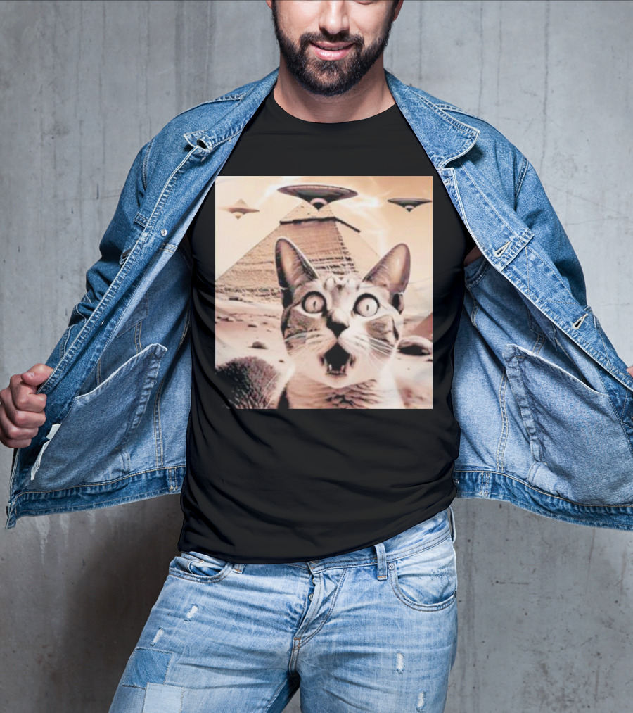 Funny Cat UFO Encounter At Egypt Pyramids T-Shirt