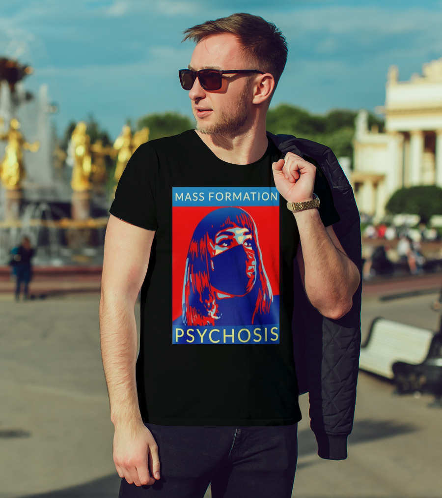 MASS FORMATION PSYCHOSIS Masked Portrait In Red And Blue T-Shirt