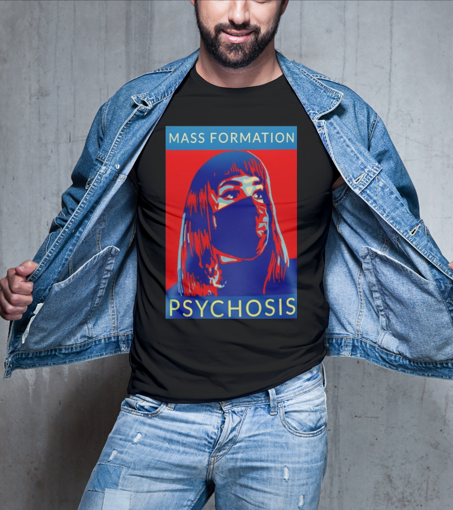 MASS FORMATION PSYCHOSIS Masked Portrait In Red And Blue T-Shirt