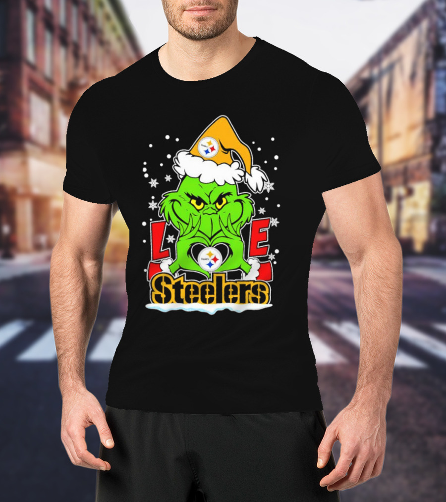 The Grinch Santa Hat Love Pittsburgh Steelers Logo Snowflakes T-Shirt