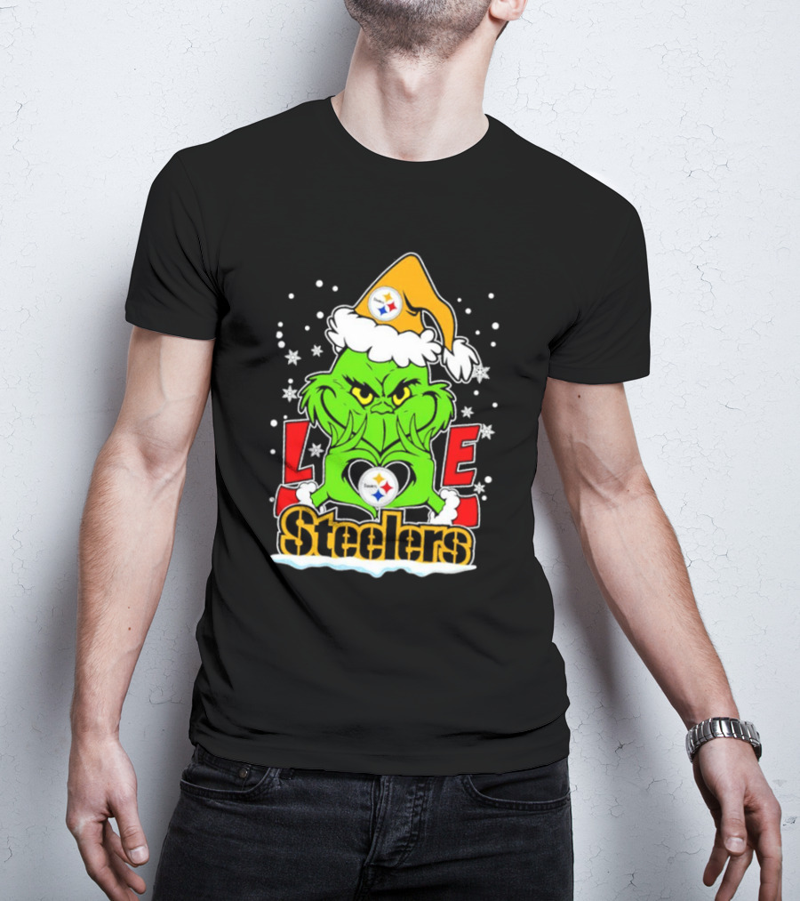 The Grinch Santa Hat Love Pittsburgh Steelers Logo Snowflakes T-Shirt