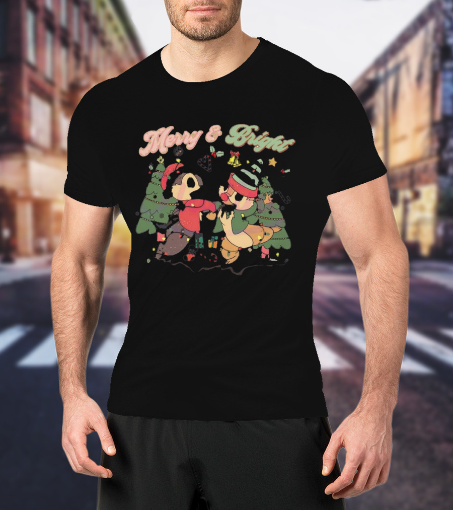 Chip And Dale Merry And Bright Christmas With Festive Trees And Holiday Cheer T-Shirt