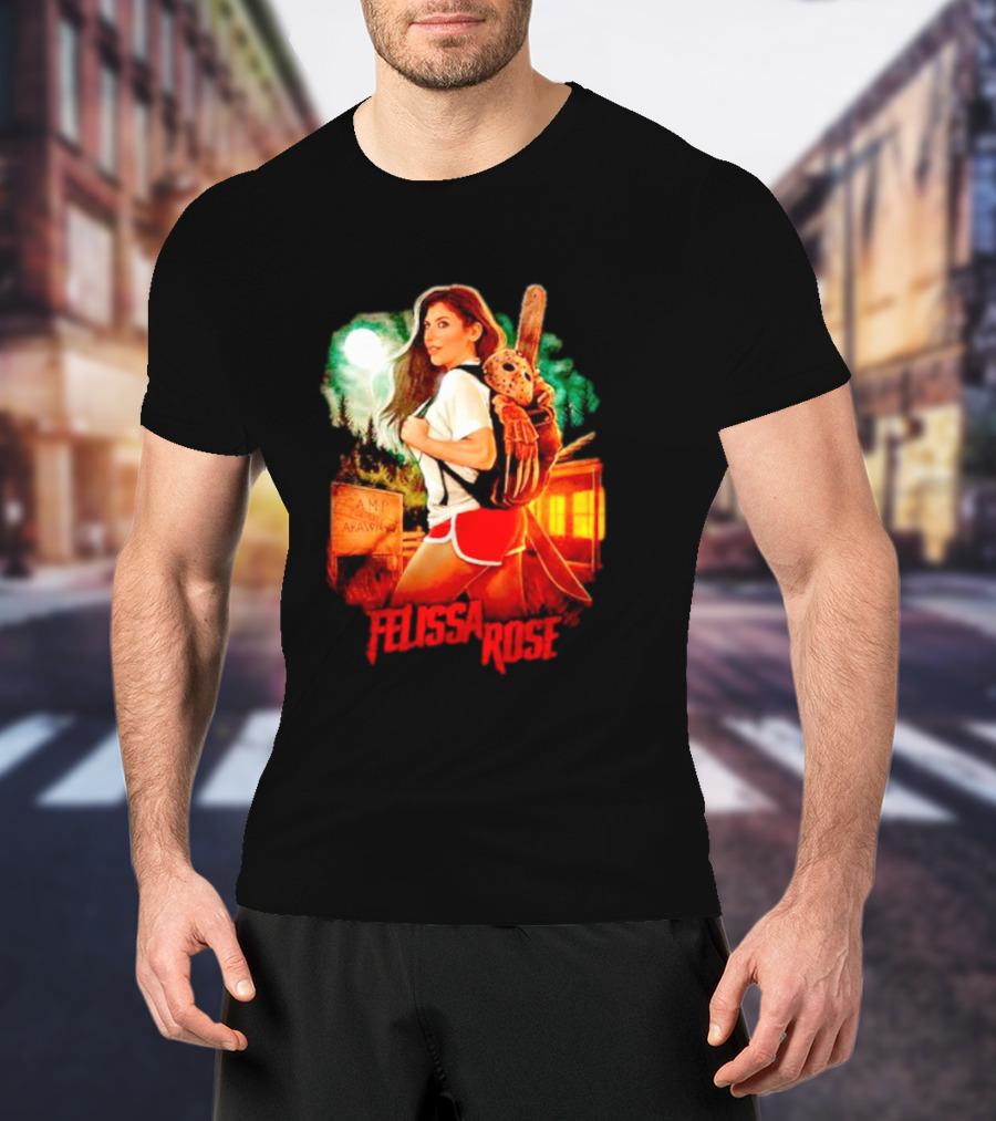 Felissa Rose Happy Camper Camp Arawak Masked Figure Forest Scene T-Shirt