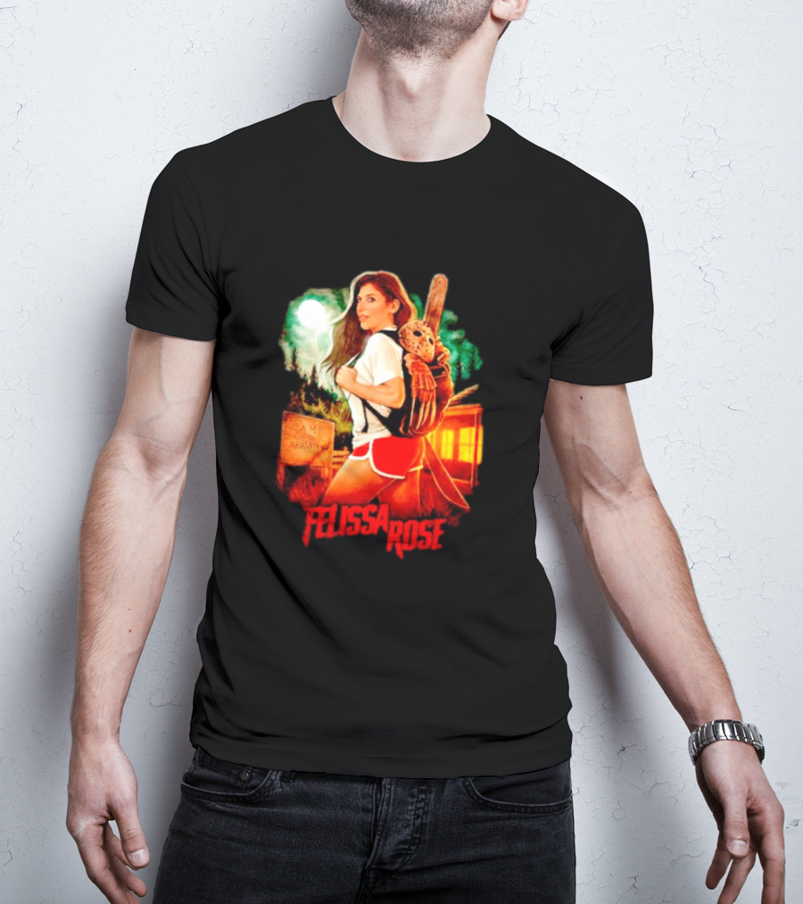 Felissa Rose Happy Camper Camp Arawak Masked Figure Forest Scene T-Shirt