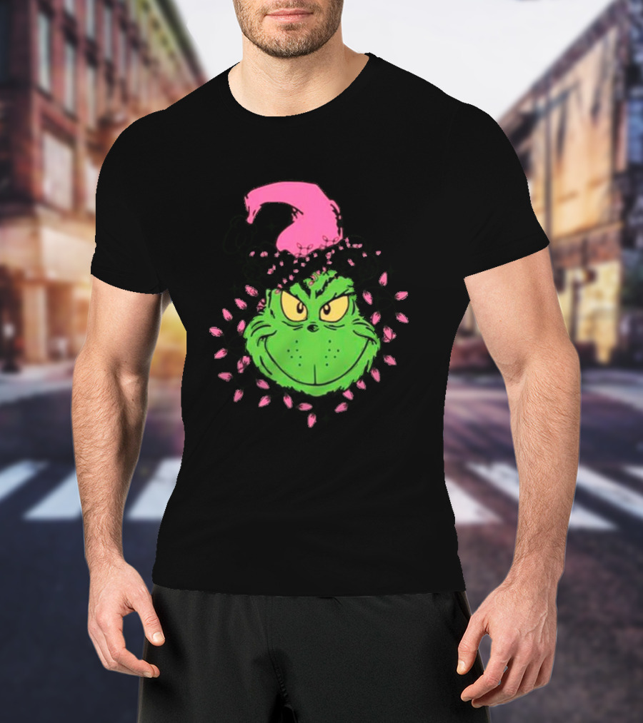 Grinch In Pink Santa Hat With Pink Christmas Lights T-Shirt