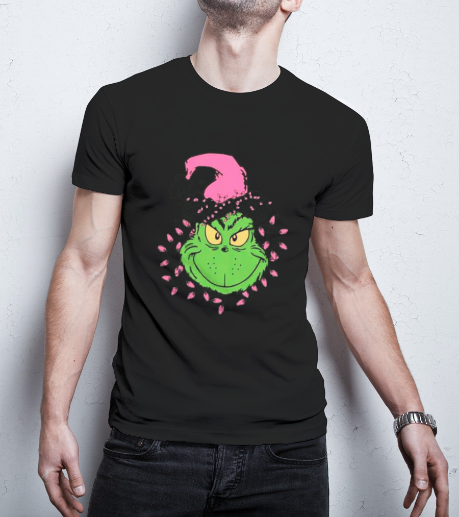 Grinch In Pink Santa Hat With Pink Christmas Lights T-Shirt