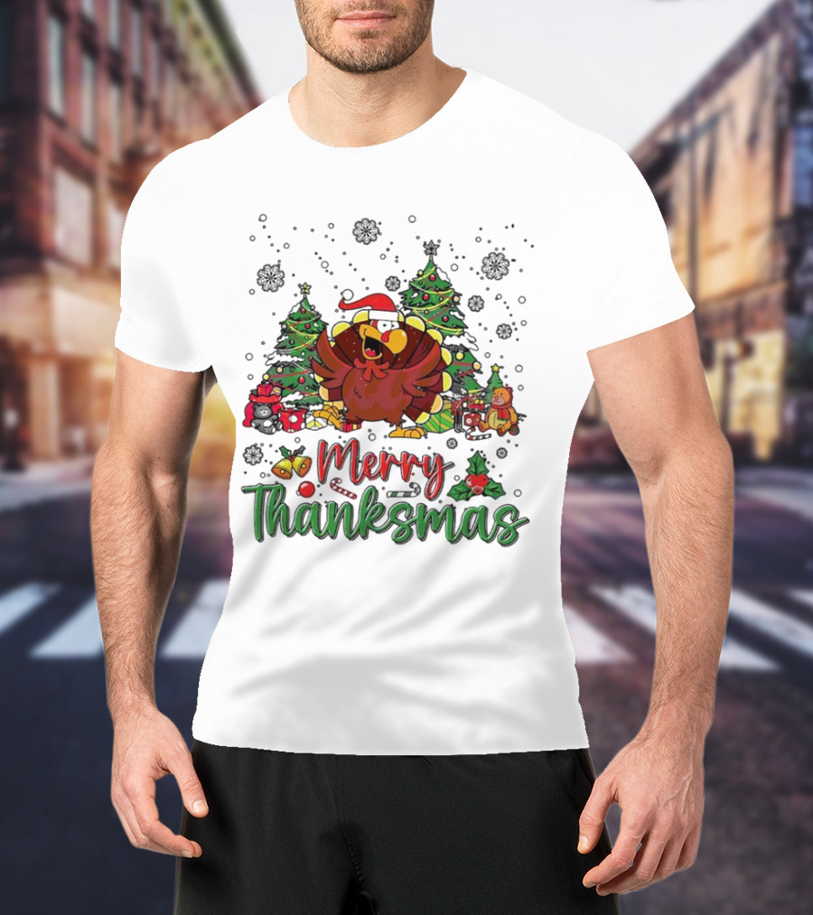 Merry Thanksmas Funny Turkey Santa Hat Christmas Trees T-Shirt