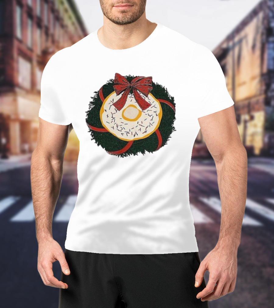 Gibson's Donuts Christmas Holiday Wreath With Red Bow And Donut Sprinkles T-Shirt