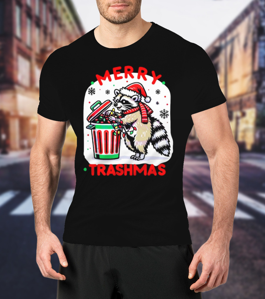 Merry Trashmas Raccoon Santa With Christmas Lights T-Shirt