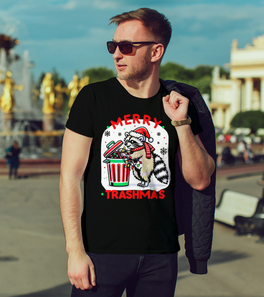 Merry Trashmas Raccoon Santa With Christmas Lights T-Shirt