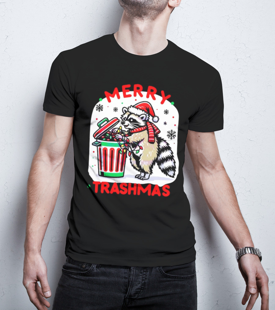 Merry Trashmas Raccoon Santa With Christmas Lights T-Shirt
