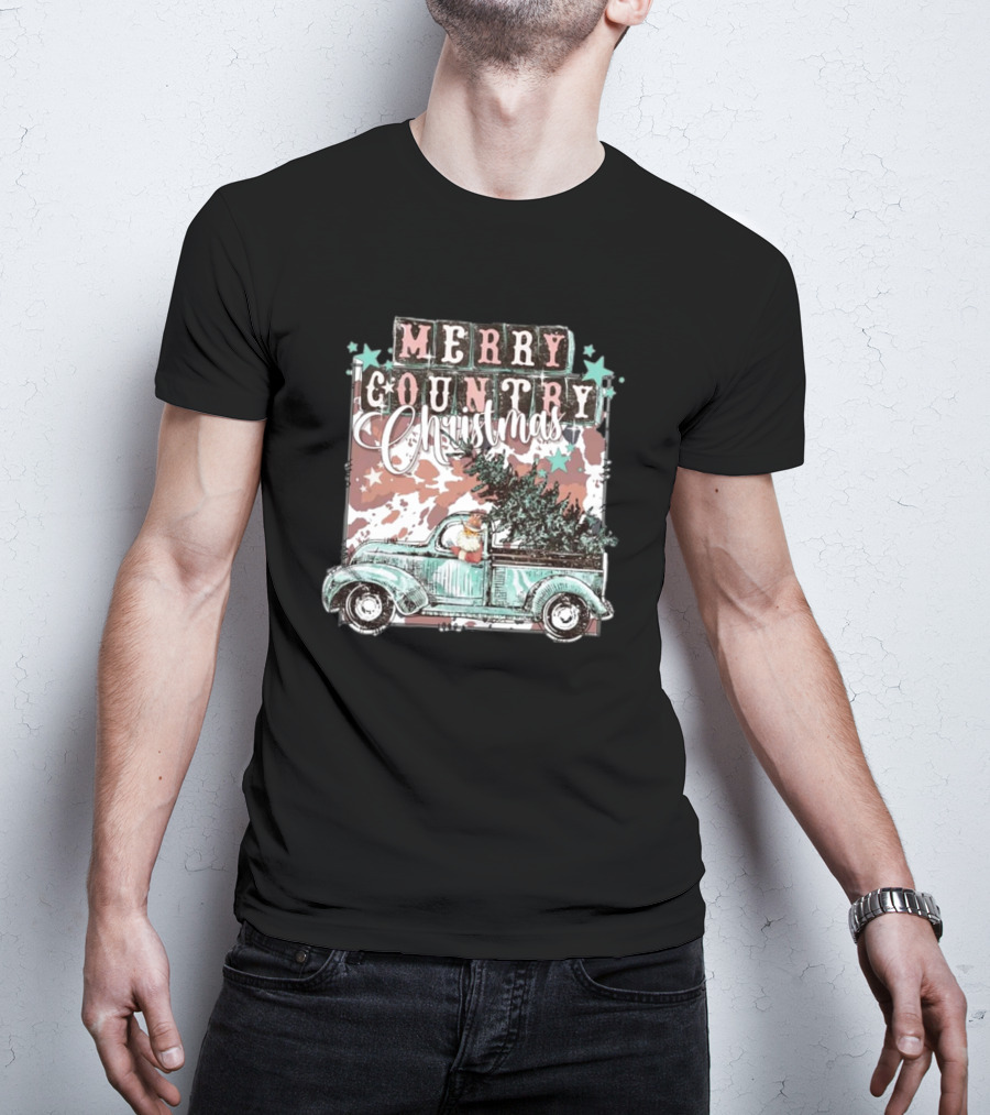 Merry Country Christmas Santa Truck With Tree T-Shirt