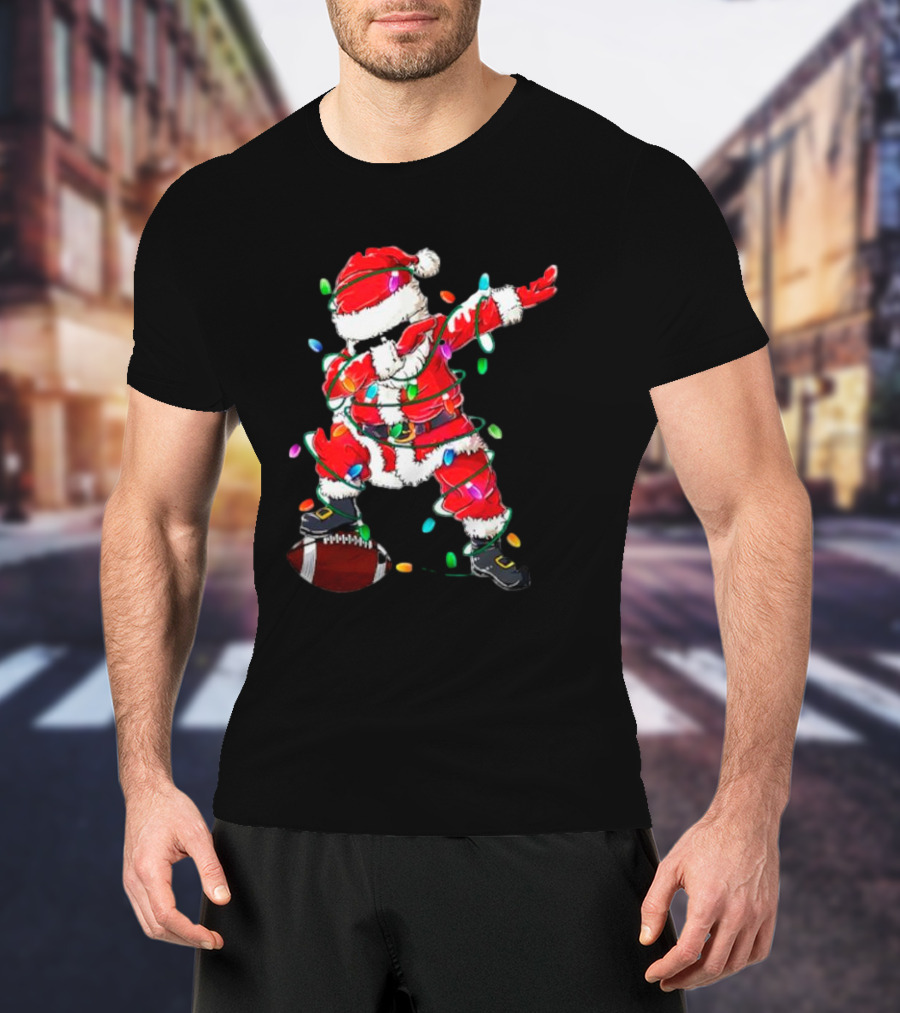 Santa Dabbing With Christmas Lights And Football T-Shirt