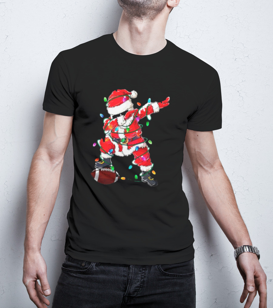 Santa Dabbing With Christmas Lights And Football T-Shirt