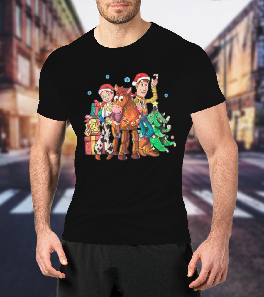 Toy Story Christmas Jessie Woody Bullseye Santa Hats Presents Christmas Tree T-Shirt