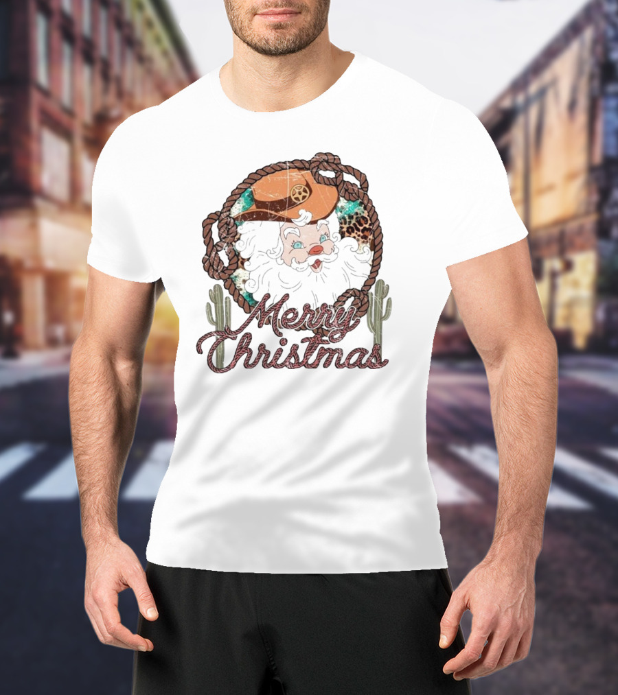 Merry Christmas Western Santa Cactus Rope Cowboy Hat T-Shirt