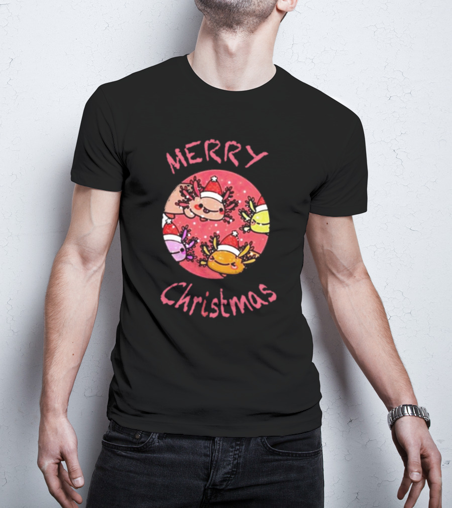 Merry Christmas Axolotl With Santa Hat T-Shirt