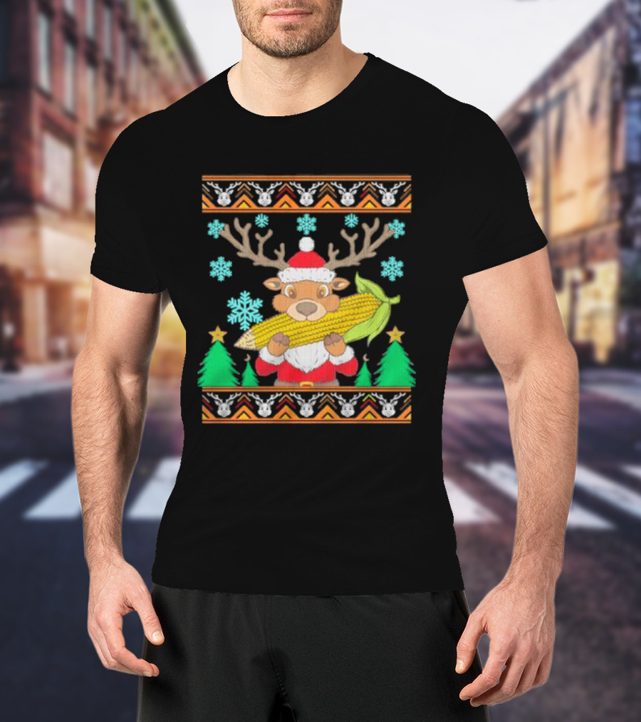 Reindeer Holding Corn With Snowflakes And Trees Christmas T-Shirt