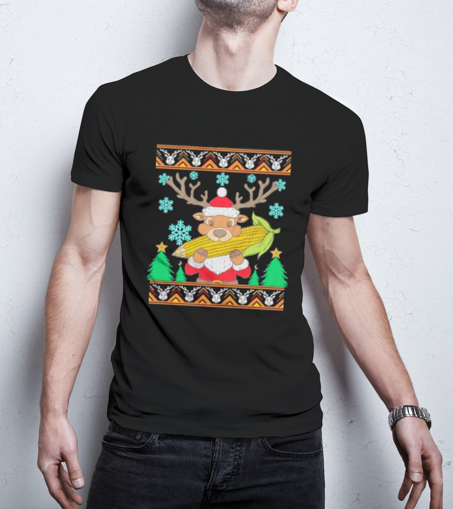 Reindeer Holding Corn With Snowflakes And Trees Christmas T-Shirt