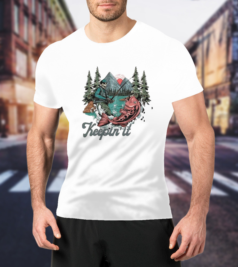 Keepin' It Reel Skeleton Fishing Adventure With Giant Fish And Mountain Lake Scene T-Shirt