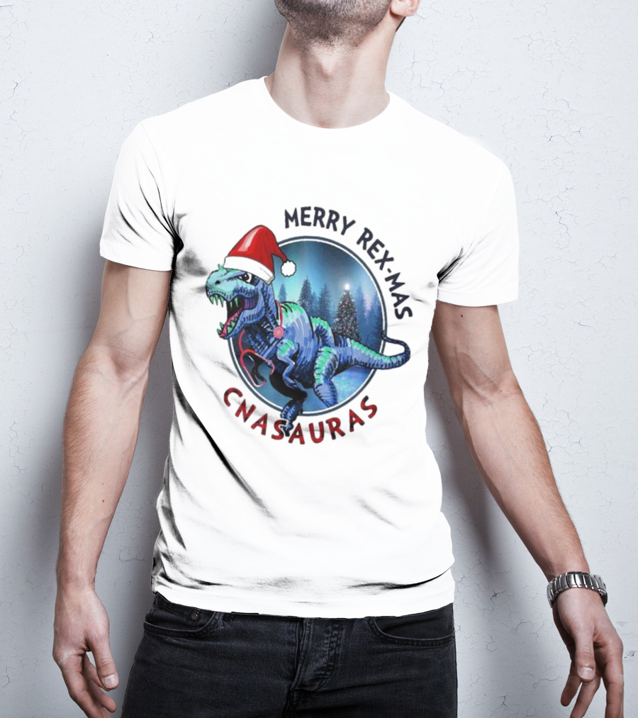 Merry Rex-mas CNAauras Santa Hat Dinosaur Christmas Tree Forest T-Shirt