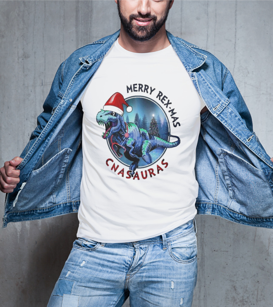 Merry Rex-mas CNAauras Santa Hat Dinosaur Christmas Tree Forest T-Shirt