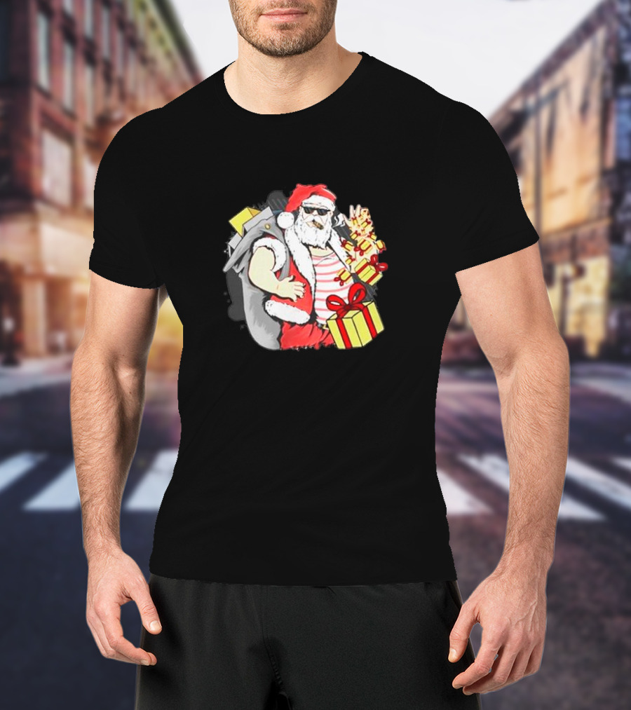 Santa Claus Cool Sunglasses Carrying Christmas Gifts T-Shirt