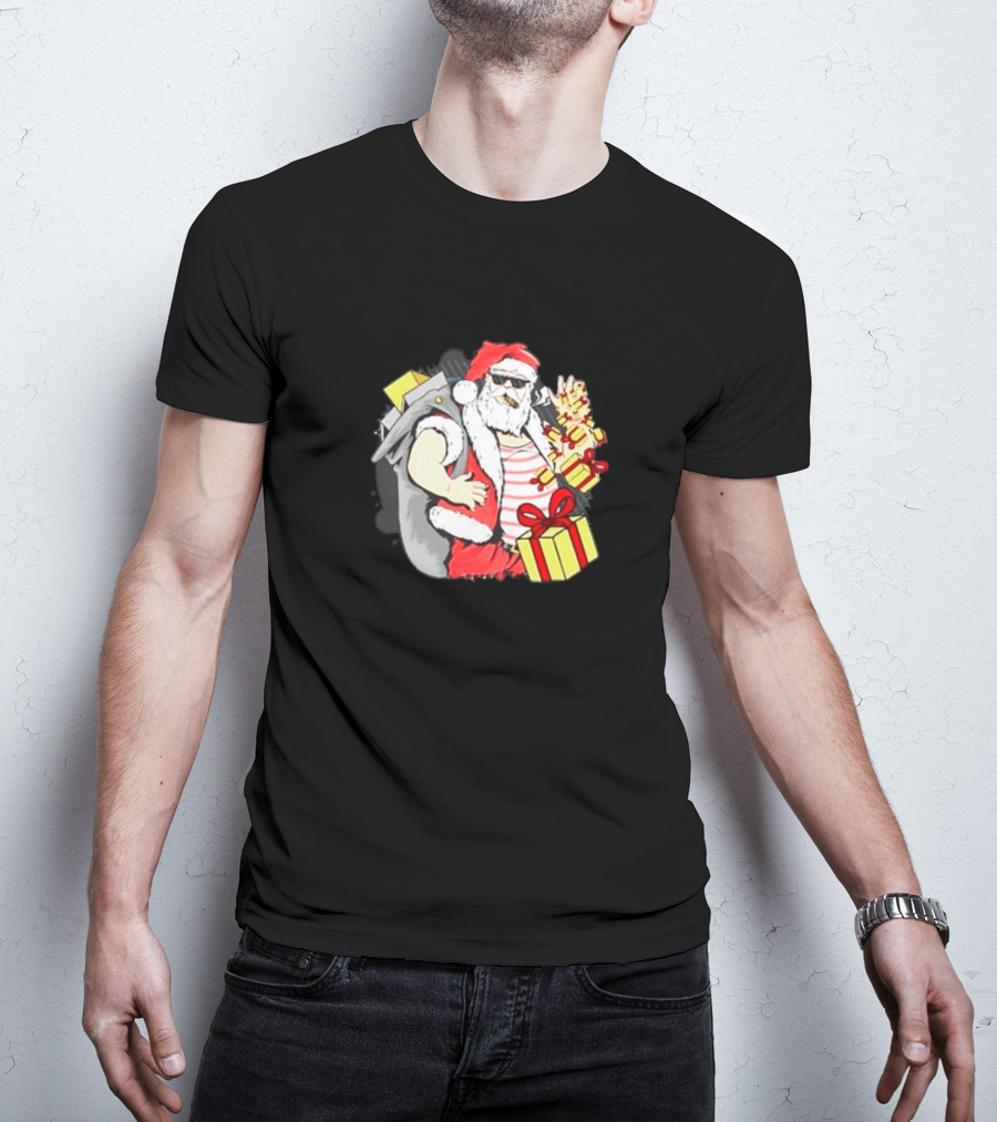 Santa Claus Cool Sunglasses Carrying Christmas Gifts T-Shirt